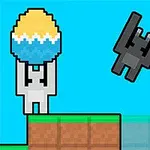 Postavička držiaca veľkonočné vajíčko a tmavá postava skáčuca vo vzduchu na pixelovom pozadí s nápisom Easter Egg Arena