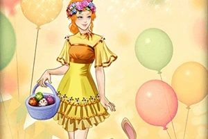 Žena v žltých šatách s kvetinovým vencom na hlave drží košík s farebnými vajíčkami; okolo sú balóny