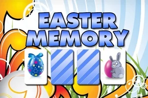 Nadpis EASTER MEMORY s obrázkami veľkonočných vajíčok a zajačika na farebnom pozadí