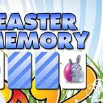 Nadpis EASTER MEMORY s obrázkami veľkonočných vajíčok a zajačika na farebnom pozadí
