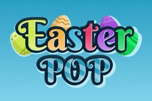 Farebný nápis Easter Pop s ilustráciami veľkonočných vajíčok na svetlomodrom pozadí