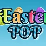 Farebný nápis Easter Pop s ilustráciami veľkonočných vajíčok na svetlomodrom pozadí