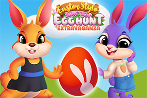 Easter Style Junction Egg Hunt Extravaganza Dvaja kreslení králiky s veľkým červeným vajíčkom zdobeným bielym zajacom na pozadí modrej oblohy a zelenej trávy