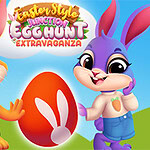 Easter Style Junction Egg Hunt Extravaganza Dvaja kreslení králiky s veľkým červeným vajíčkom zdobeným bielym zajacom na pozadí modrej oblohy a zelenej trávy