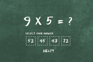 Na tabuli je kriedou napísaný matematický príklad 9 x 5 = ?