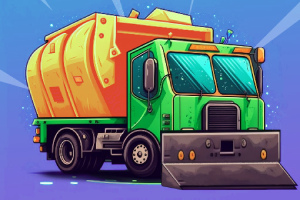 Zeleno-oranžové animované smetiarske auto s radlicou na modrom pozadí
