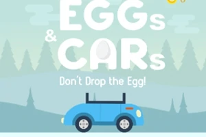 Modré auto na pozadí lesa s nápisom EGGs & CARs - Dont Drop the Egg!