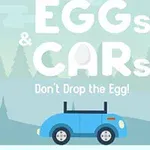 Modré auto na pozadí lesa s nápisom EGGs & CARs - Dont Drop the Egg!