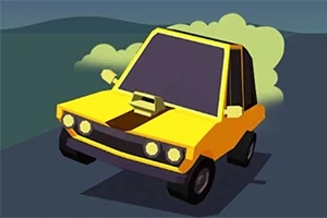 Žlté kreslené auto s výraznými čelovými svetlami a zeleným dymom v pozadí na tmavej ceste
