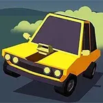 Žlté kreslené auto s výraznými čelovými svetlami a zeleným dymom v pozadí na tmavej ceste