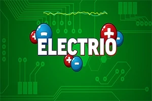Nápis ELECTRIO na zelenom pozadí s obvodovými doskami a znakmi plus a mínus