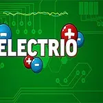 Nápis ELECTRIO na zelenom pozadí s obvodovými doskami a znakmi plus a mínus