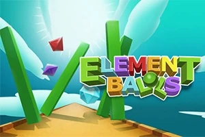 Farebný nápis Element Balls s geometrickými tvarmi na zeleno-modrom pozadí