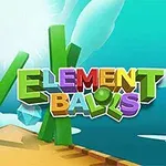 Farebný nápis Element Balls s geometrickými tvarmi na zeleno-modrom pozadí