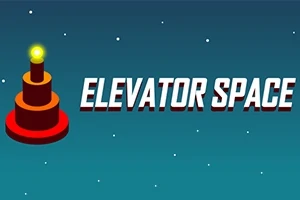 Nápis ELEVATOR SPACE vedľa červeno-hnedej veže s rozsvieteným žltým svetlom na hviezdnom pozadí