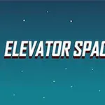 Nápis ELEVATOR SPACE vedľa červeno-hnedej veže s rozsvieteným žltým svetlom na hviezdnom pozadí