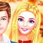Dvaja animovaní ľudia, muž a žena s blond vlasmi, sedia vonku na jeseň