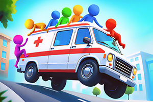 Pestrofarebné postavičky na streche sanitky idúcej po naklonenej ceste v meste