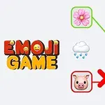 Nápis EMOJI GAME vedľa obrázka s kvetinou, prasačím nosom, slonom, dvojbodkou a dáždnikom, s rôznymi čiarami a krížikom medzi prasiatkom a dáždnikom