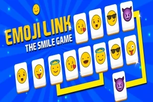 Karty s rôznymi emotikonmi na modrom pozadí so žltými pruhmi a textom EMOJI LINK