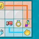 Mriežka s rôznymi emoji vrátane smajlíka, hasičského auta, prsteňa, ruky s mobilom, diamantu a plameňa, prepojenými farebnými čiarami