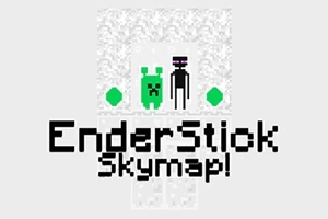 Dve pixelové postavy, zelená a čierna, medzi dvoma zelenými kockami s nápisom EnderStick Skymap!
