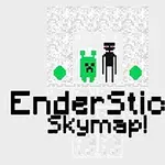Dve pixelové postavy, zelená a čierna, medzi dvoma zelenými kockami s nápisom EnderStick Skymap!