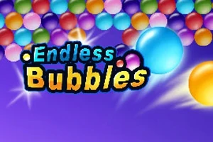Farebná ilustrácia s nápisom Endless Bubbles na fialovom pozadí s množstvom farebných bublín