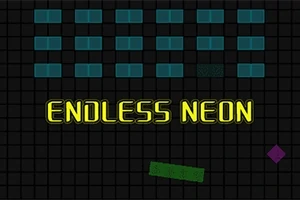 Text ENDLESS NEON v žiarivo žltých písmenách na tmavom pozadí s farebnými blokmi