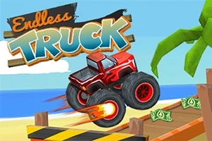 Červené monster trucki skáče cez rampu na pláži s palmovým stromom a padajúcimi dolármi v pozadí