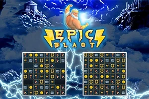 Muž s bleskom v ruke a nápis Epic Blast nad dvojicou herných mriežok obklopených bleskami a oblakmi
