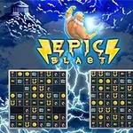 Muž s bleskom v ruke a nápis Epic Blast nad dvojicou herných mriežok obklopených bleskami a oblakmi