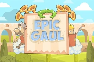 Dvaja kreslení bojovníci s prilbami a štítmi stoja na obláčikoch okolo nápisu Epic Gaul, s pozadím antického oblúka a trubiek