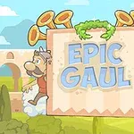Dvaja kreslení bojovníci s prilbami a štítmi stoja na obláčikoch okolo nápisu Epic Gaul, s pozadím antického oblúka a trubiek
