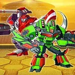 Dva farebné bojové roboty so zbraňami na mechanickej plošine s oranžovým pozadím