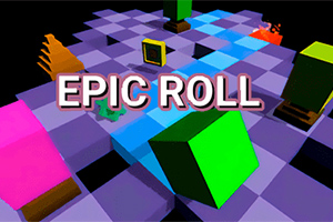 Farebná šachovnicová platforma s názvom EPIC ROLL a rôznymi farebnými kockami a objektmi