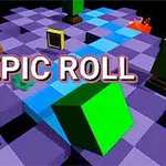 Farebná šachovnicová platforma s názvom EPIC ROLL a rôznymi farebnými kockami a objektmi