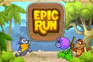 Zviera beží smerom k fialovému kvetu a opica drží palicu v džungli s nápisom Epic Run