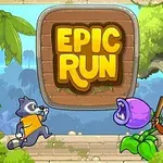 Zviera beží smerom k fialovému kvetu a opica drží palicu v džungli s nápisom Epic Run