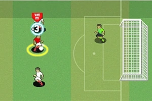 Dve karikatúrne postavičky na futbalovom ihrisku blízko bránky, pričom jeden hráč je pripravený na strelu