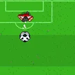 Pixelová grafika s futbalovým ihriskom, brankárom, dvoma hráčmi a loptou