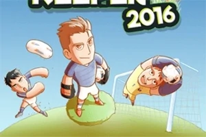 Kreslený brankár s rukavicami stojí na malom zelenom kope, zatiaľ čo ďalší hráči okolo neho vykonávajú rôzne pohyby