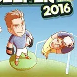 Kreslený brankár s rukavicami stojí na malom zelenom kope, zatiaľ čo ďalší hráči okolo neho vykonávajú rôzne pohyby
