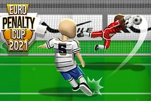 Futbalista v bielo-modrom drese kope loptu na brankára v červenom drese