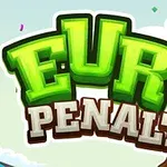 Zelený nápis EURO PENALTY s futbalovou loptou v písmene O na svetlom pozadí s oblakmi