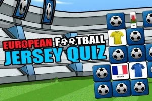Farebný titulok European Football Jersey Quiz na pozadí s futbalovými loptami a dresmi