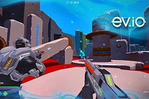 Dva futuristicky vyzerajúci vojaci s puškami v ruke v sci-fi prostredí plnom moderných stavieb a jasných farieb