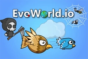 Kreslené postavičky vrany a vtáka na modrom pozadí s názvom EvoWorld