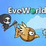 Kreslené postavičky vrany a vtáka na modrom pozadí s názvom EvoWorld