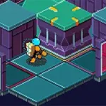 Postava v skafandri prechádza cez izometrické sci-fi prostredie s fialovými a tyrkysovými stenami